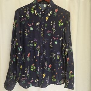 Zara Basic, Size XL, Chic Navy Botanical Blouse